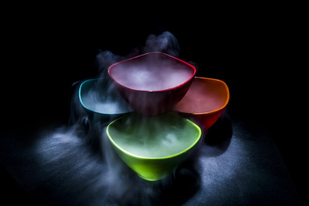 Bowls containing dry ice